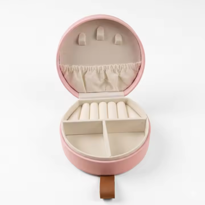 Alhajero Organizador de Joyas Portátil - Caja de Almacenamiento Circular de Cuero PU para Anillos, Pendientes y Collares - 1
