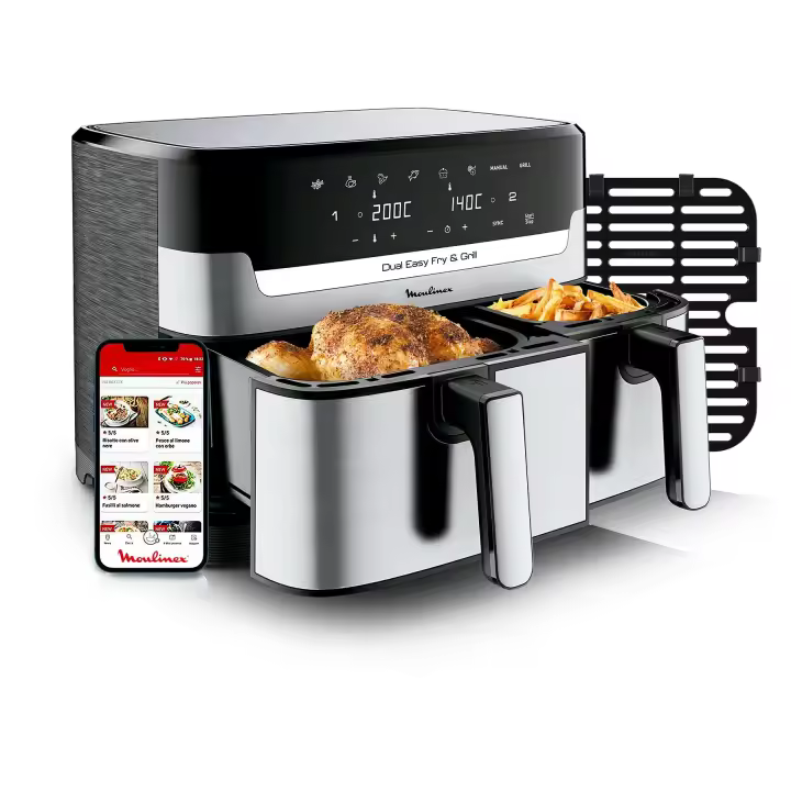 Freidora de aire Moulinex EZ905D, Dual 8,3 L (5,2+3,1 L), 2700 W, 8 programas, grill y tecnología Extra-Crisp, Inox y negro - 1