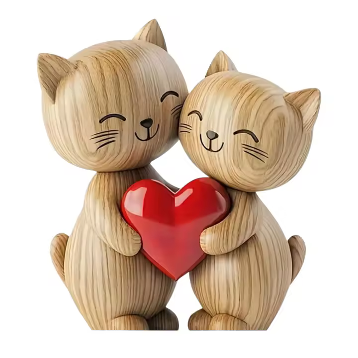 Escultura de madera de una pareja de gatos: decoración de escritorio plana 2D con corazón compartido, regalo único. - 1