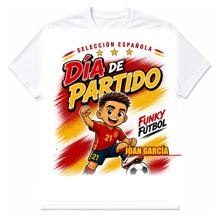Stock Futbol Camiseta Blanca Selección Española 2026 Muñeco Funky Joan García, Frase Día de partido, Diseño Fútbol Rojo y Amarillo para Afición España - Talla S - 1