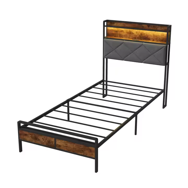 Cama 90x200 cm con estructura metálica, cabecero con estante, LED RGB, USB, USB-C y acabado madera oscuro - 1
