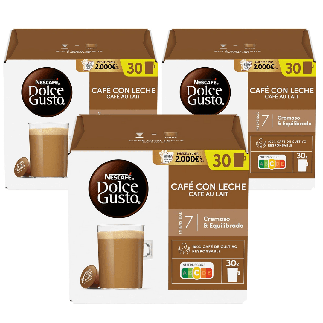 NESCAFÉ Dolce Gusto Café 30 Cápsulas Café Con Leche - PACK 3 UDS - 90 Cápsulas - Qumir