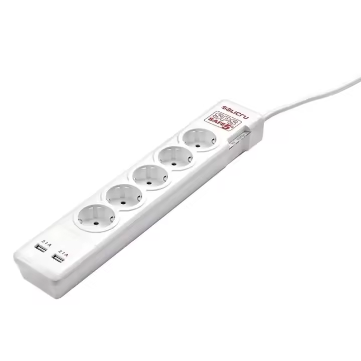 Salicru - Regleta de enchufes SPS SAFE 5+ con 5 tomas Schuko, protección contra sobretensiones, indicador LED y 2 puertos USB 2.1 A para uso doméstico e industrial - 1