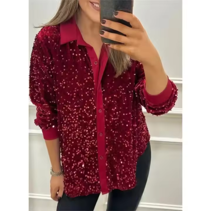 Camisa De Mujer Con Lentejuelas Casual Glitter Manga Larga Suéter Sexy Retro Para Fiesta Streetwear Negra Talla Grande - 1