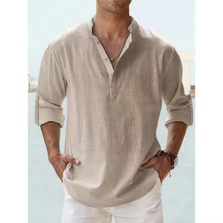 Camisa Casual Para Hombre De Algodón Y Lino Estilo Playa Verano Cuello Henley Sin Mangas Color Sólido Vacaciones Hawái - 1