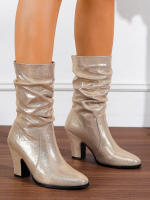 Botas De Talla Media Brillantes Con Pliegues Y Tacón Grueso Para Mujer En Oro Y Plata Botas Modernas Para Fiestas Y Escenario Cómodas Y Elegantes Para El Día a Día - details 2