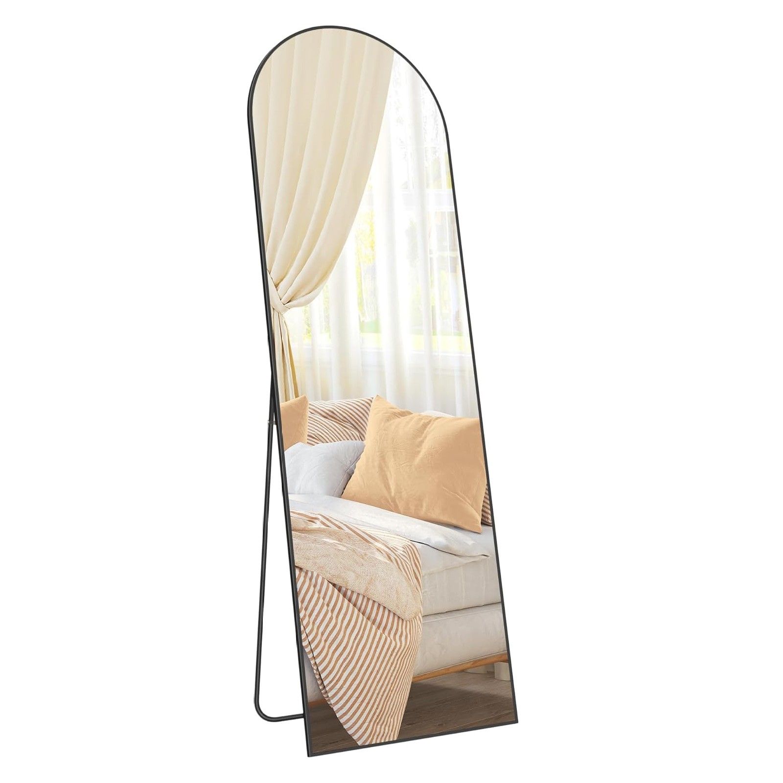 Espejo de Cuerpo Entero Arqueado con Soporte y Marco de Aleación de Aluminio, Cristal Templado 160x50 cm, Negro Tinta, Ideal para Dormitorio, Salón y Vestuario