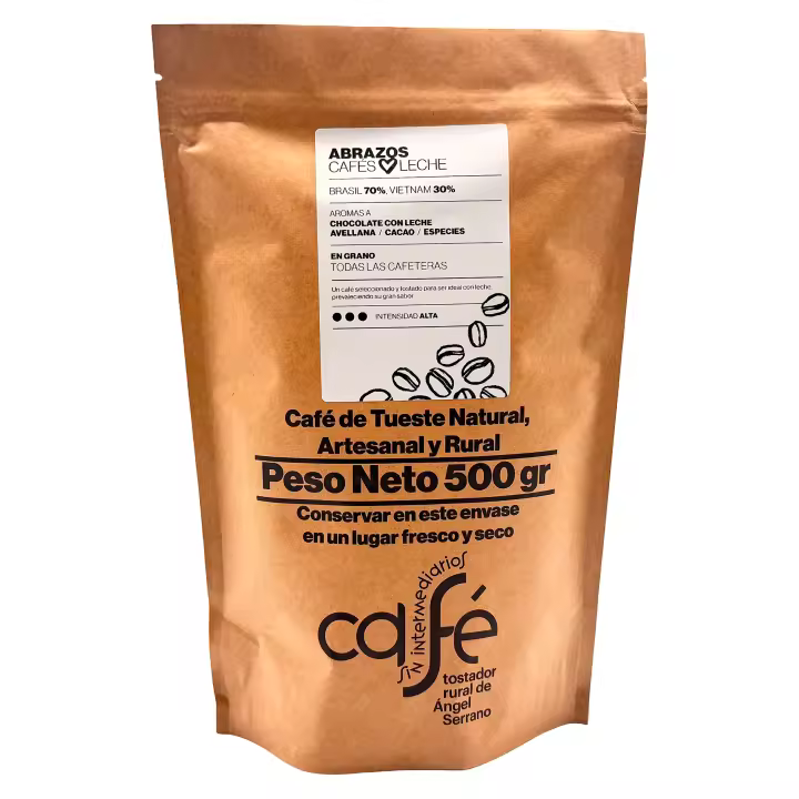 CAFÉ SIN INTERMEDIARIOS - Café de Brasil y Vietnam - Abrazos - Ideal para combinar con leche - Intensidad de sabor Alta - Recién tostado y envasado - 500g Grano o Molido (Exprés, Filtro, Italiana, Americana, Superautomática) - 1