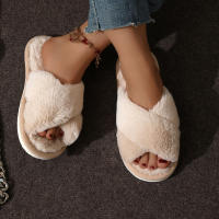 Pantuflas De Casa Para Mujer Con Tela De Peluche CrissCross Y Suela Suave Open Toe Fuzzy Caliente Invierno Pantuflas Cómodas Para Interno - details 5