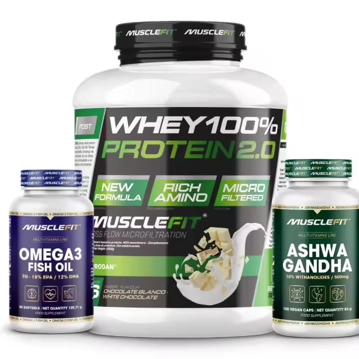 Pack Mente y cuerpo saludable│Ashwagandha 100caps + Whey Protein 2kg + Omega 3 90caps │ Musclefit + ALLNUTRITION - MUSCLECULT - 1