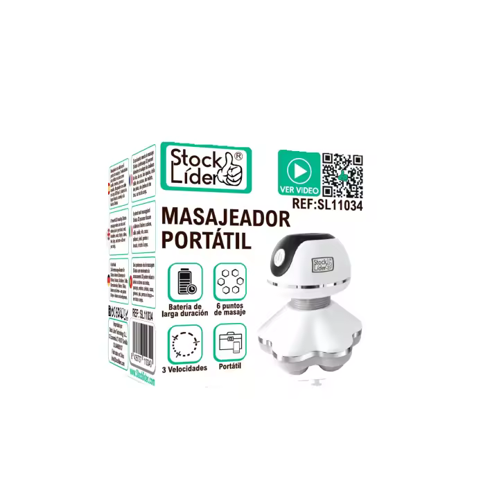 Masajeador portátilVelocidades: 3 niveles Puntos de masaje: 6 Carga: USB tipo C EAN: 8435737110340 Peso: 0,210 kg Medidas: 11,4 cm altura x 10,5 cm largo x 10,5 cm ancho - 1