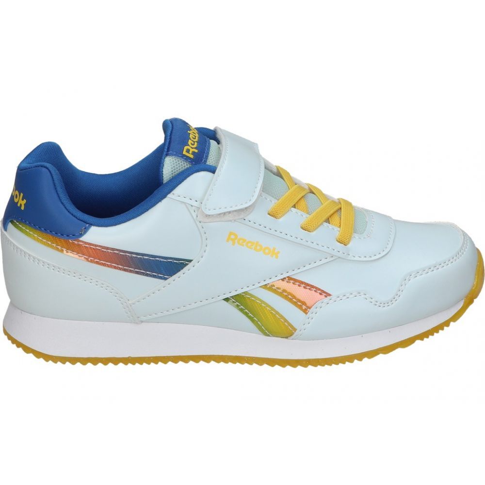 REEBOK | Zapatillas Reebok Royal Classic Jogger 3.0 para Niño – Deportiva en Color Blanco con Detalles en Azul y Amarillo – Sneaker con Cordones y Velcro – Máximo Ajuste – Cómodas y Versátiles – Modelo 100074588