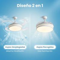 Ventilador de techo moderno blanco con luz LED 55W, aspas retráctiles ocultas, 6 velocidades, motor DC 30W silencioso, mando a distancia y app, lámpara ventilador decorativa de bajo consumo para salón, dormitorio, comedor y habitación, Don Feliz - details 2