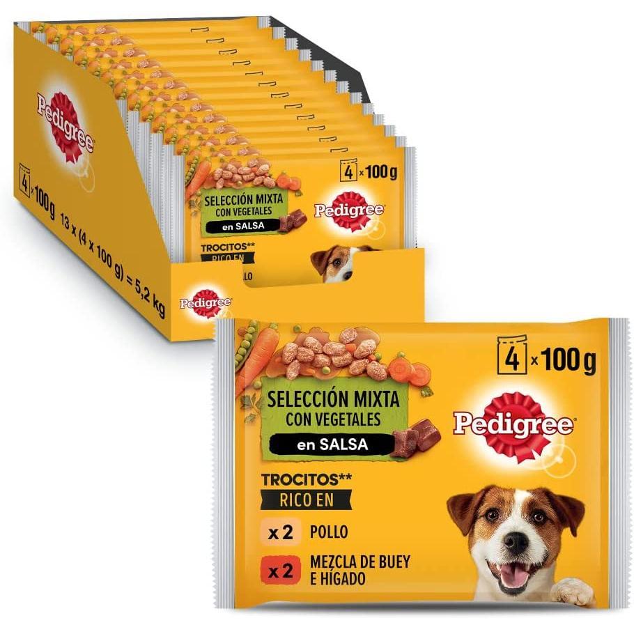 Pedigree - Comida Húmeda para Perros Sabor Pollo y Buey con Verduras en Salsa, Multipack (13 Packs x 4 bolsitas x 100g)