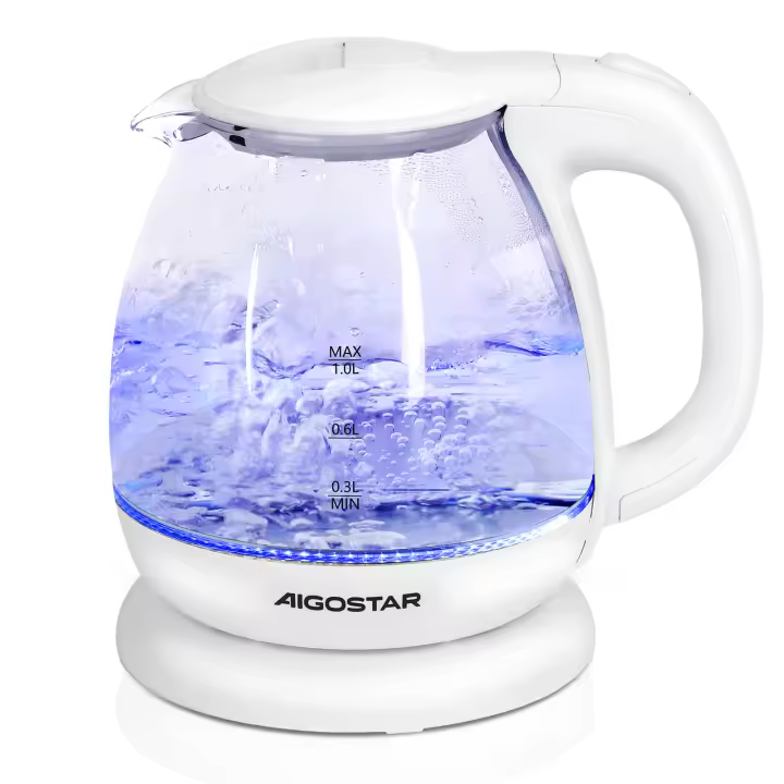 AIGOSTAR Hervidor de Agua Eléctrico - Vidrio de Borosilicato, Iluminación LED, Rápida Ebullición. Protección Contra La Ebullición en Seco. (1L, 2200W) - 1