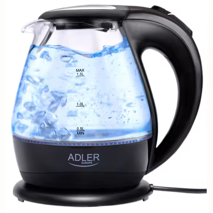 Adler AD 1224 Hervidor Agua Eléctrico 1,5 Litros Jarra Cristal Inalámbrica Retroiluminada, Apagado Automático, 2200W, Negro - 1