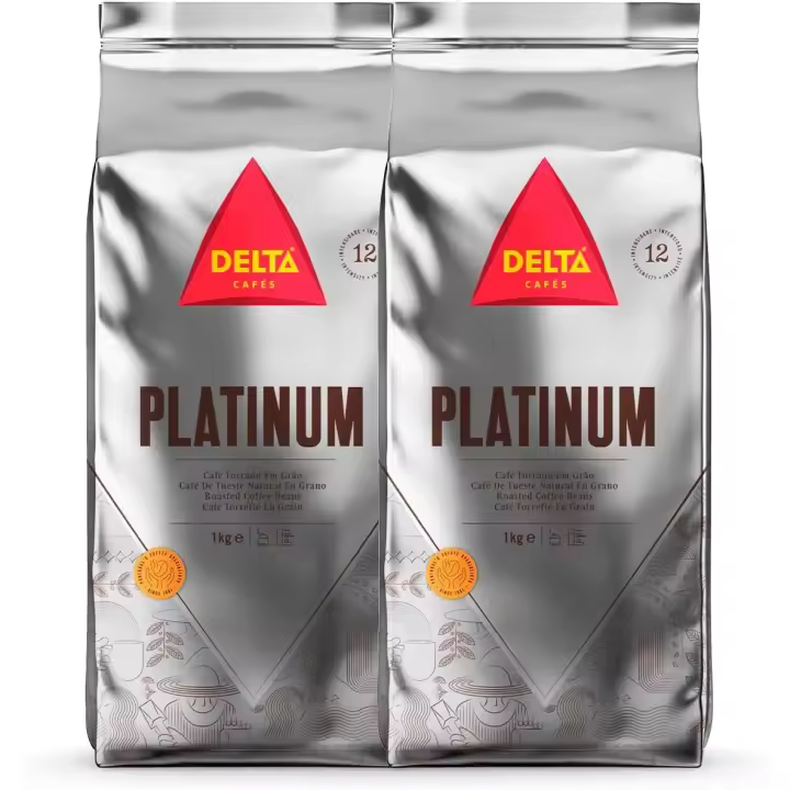 Delta Cafés - Café en Grano Platinum - 2 Paquetes de 1 Kg - Intensidad 12 - Mezcla de Granos de Café Tostados Arábica y Robusta - Sumamente Aromático con Notas de Nueces Tostadas. FlavorName: Café tostado con finos matices de fruta madura; - 1