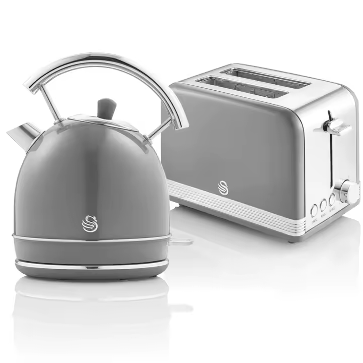 SWAN STP7050GRNEU Retro Set Desayuno Hervidor de Agua 1,8 L Inalámbrico, Tostadora 2 Rebanadas Anchas, Vintage, 850W, Gris - 1
