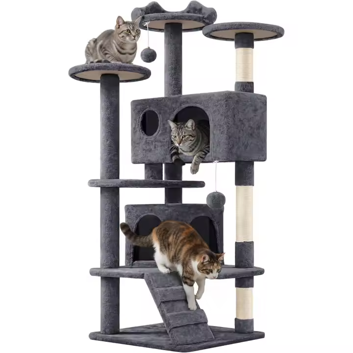 Árbol Rascador para Gatos 139cm con 3 Plataformas 2 Nidos 2 Pompones Torre de Escalador con Postes en Sisal Ideal para 3-4 Gatos Gris Oscuro - 1