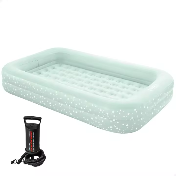 INTEX - Colchón hinchable infantil verde menta o beige, estampado estrellas, 107x168x25 cm, peso soportado 22,7 kg, colchoneta extraíble, hinchador incluido, superficie suave, cuna bebé viaje, colchones inflables, camping, niños de 3 a 6 años - 1