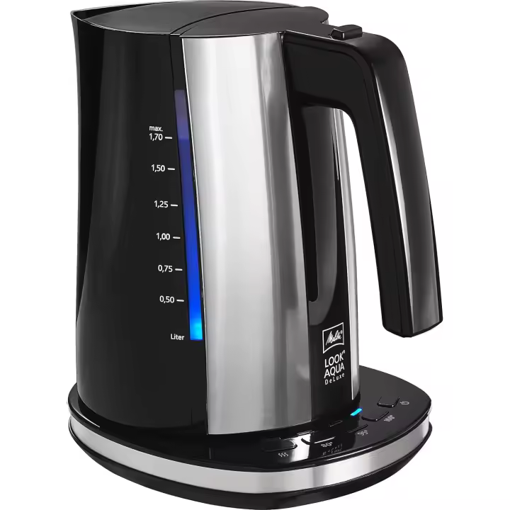 Melitta II Look Aqua Deluxe 1026-04 BK SST - Hervidor de agua (1,7 litros, 2400 W, temperatura regulable (80 °C, 95 °C, 100 °C, función de mantenimiento en caliente, plástico, 1,7 L).Iluminación Led. Filtro de cal extraible. - 1