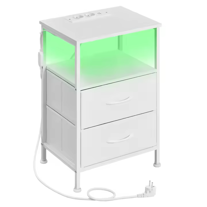 SONGMICS Colección BELLAH – Mesita de Noche con Estación de Carga, Mesa Auxiliar con Luz LED Ajustable Controlada por APP, 1 Estante y 2 Cajones, Dormitorio, Blanco Nube y Blanco Nieve - 1