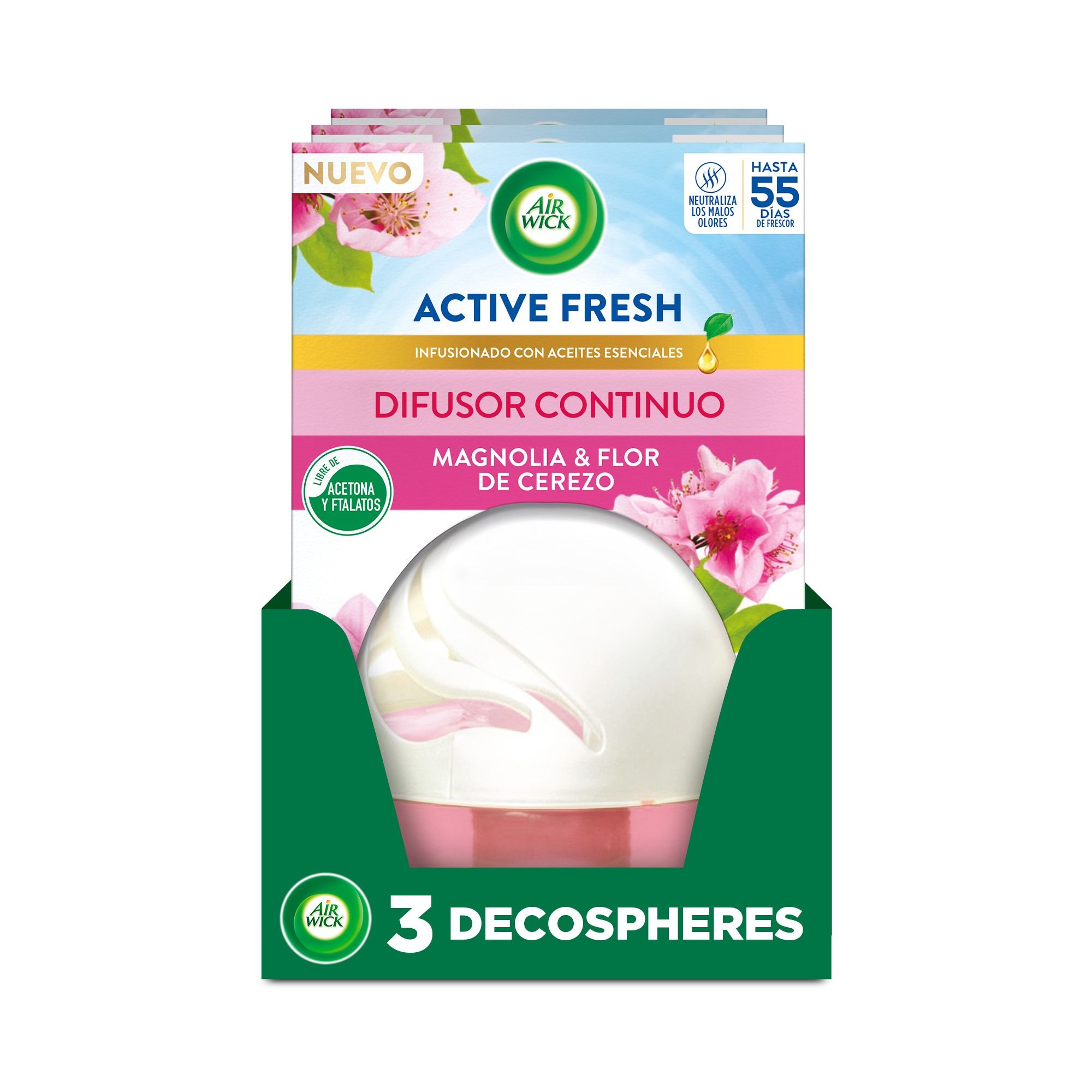 Air Wick - Ambientador Decosphere Magnolia, Algodón, Mango, Pack 3 Unidades, Elimina Malos Olores, Líquido, Hogar y Coche