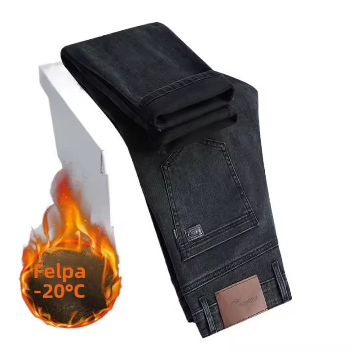 Nuevos Jeans De Invierno Para Hombre Cálidos Con Fleece Pantalones Casuales De Algodón Elásticos Estilo Recto Moda Con Cierre De Cremallera - 1