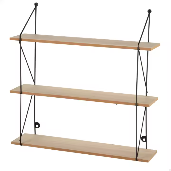 Max Home - Estantería de pared, rectangular, 50x12x49 cm, peso máximo 6 kg, 3 baldas, para colgar, estructura metálica negra, efecto madera natural, para salón, recibidor, baño, dormitorio - 1