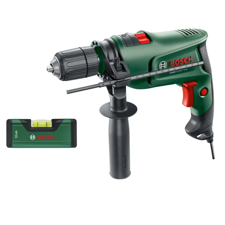 Bosch - Pack Taladro Percutor con Cable + Nivel de burbuja 12 cm - EasyImpact 600, 600W, Portabrocas de 2 Casquillos, con Maletín - 1