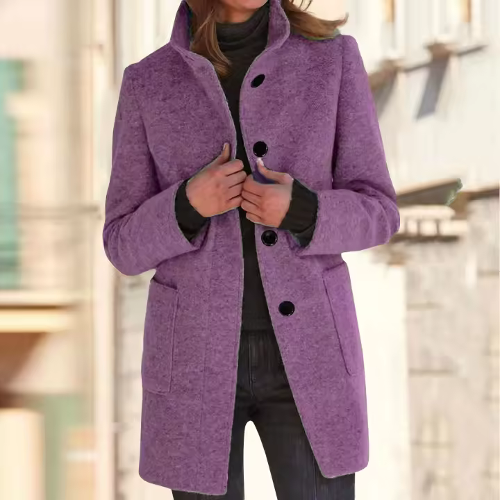 Chaqueta De Lana Para Mujer Con Bolsillos Cuello Lapel Larga Casual Invierno Abrigo Elegante De Color Sólido Talla plus - 1