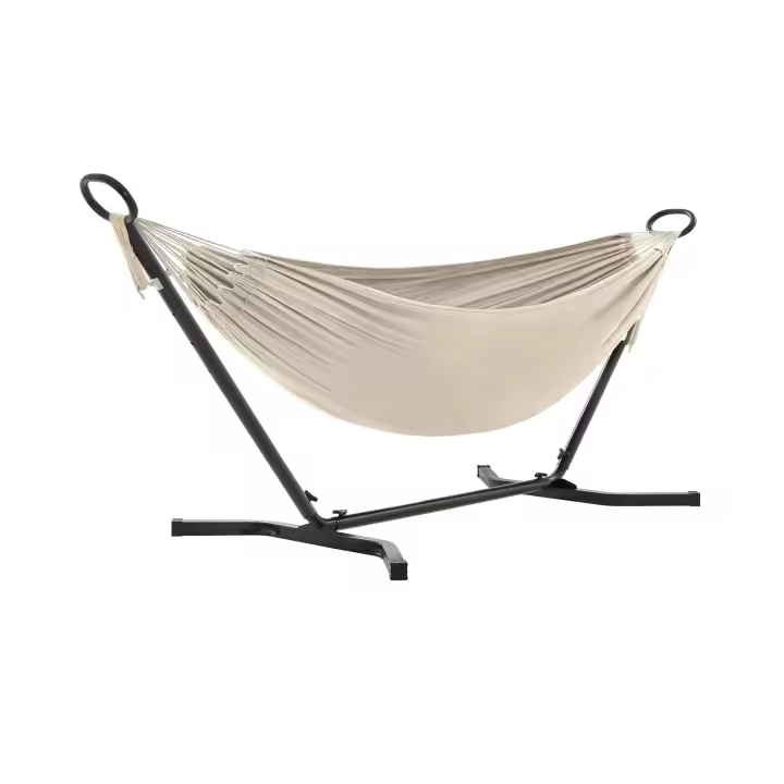 SONGMICS Hamaca con Soporte, Hamaca de 210 x 150 cm, 5 Alturas Ajustables, Portátil con Estructura de Metal, Carga de 240 kg, Patio, Jardín, Soporte Negro y Hamaca Gris/Soporte Negro y Hamaca Beige - 1