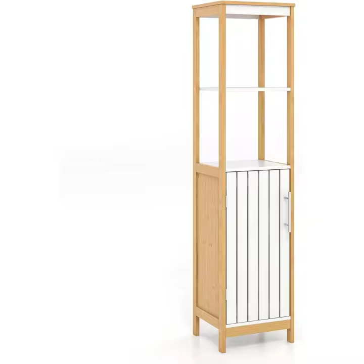 COSTWAY Armario de Baño de Pie, Bambú y MDF, Blanco y natural, 129cm - 1