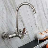 Grifo giratorio De acero inoxidable para cocina, grifería De doble orificio para montaje en pared, frío y caliente, para balcón - details 0