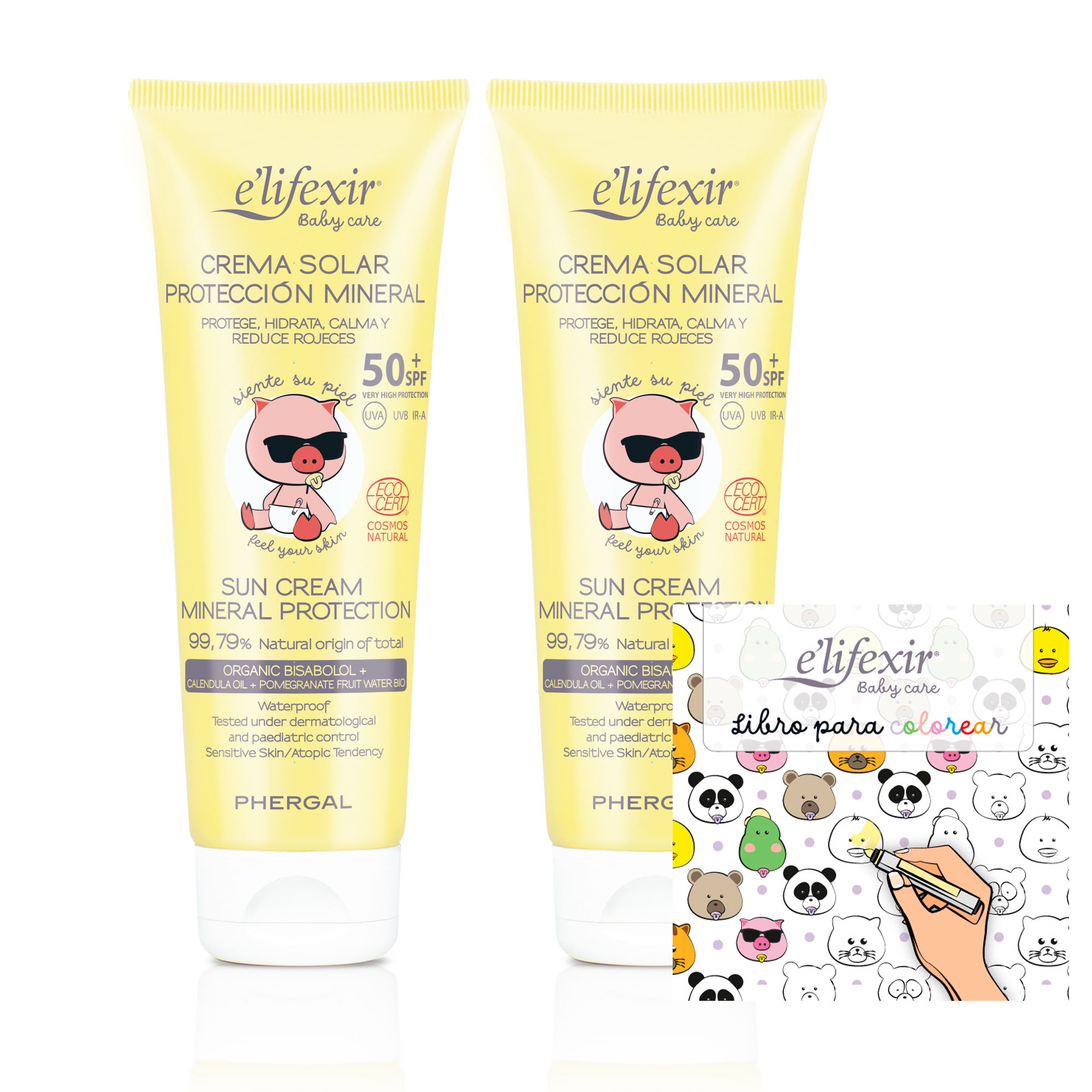 Pack Duplo Elifexir ECO Baby Care | Crema Solar Mineral Niños y Bebés 100ml x2 + Libro para Colorear | Protector solar UVA, UVB e IR-A SPF 50+ | Filtros 100% Minerales | 99% Ingredientes naturales | Resistente al agua | Hipoalergénico