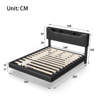 Cama tapizada 160x200 cm de PU negro con LED RGB, cabecero con estantes y puertos USB/Type-C, somier de láminas, almacenaje abatible, efecto flotante, sin colchón - details 0