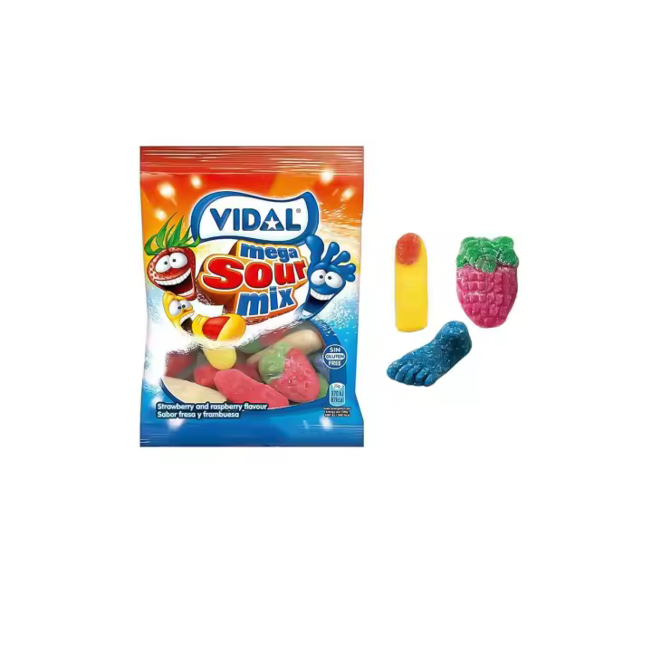 Golosinas de Vidal Megasurtido Ácido 14 bolsas de 90 g - Megasurtido ácido compuesto por fresas, dedos y pies. Todo un mix de clásicos recogidos en una única bolsa. Predominan el sabor fresa y frambuesa - Sin gluten y sin grasa - 1