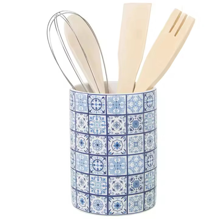 DRW Portautensilios de cerámica con Utensilios Mosaico Azul 11x23cm - 1