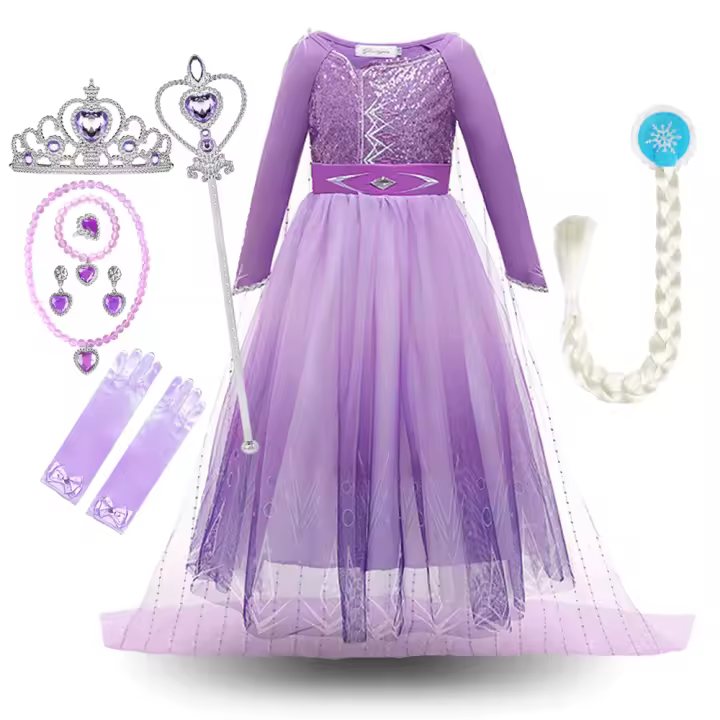 Disfraz De Princesa Para Niña Vestido De Cosplay De La Reina De Hielo Elsa Color Morado Talla A-Line Con Cuello En O Para Fiestas Y Rol De Playa - 1