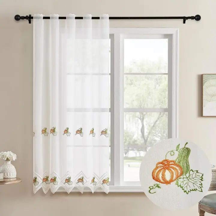 Cortina de Cocina Transparente con Bordado Floral, Visillo de Encaje Decorativo, Cortina Corta para Ventana, Estilo Campestre, 105x140 cm / 150x140 cm - 1
