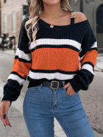 Suéter De Manga Larga Casual De Otoño E Invierno Para Mujer Con Rayas Y Color Contraste Hombros Descubiertos Cierre De Metal Ajustable - details 2
