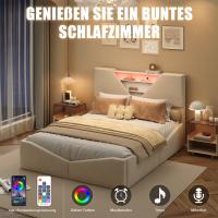 Cama tapizada 140x190 cm con almacenaje, cabecero con LED, somier elevable hidráulico, terciopelo beige crema - details 1