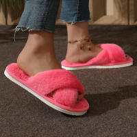 Pantuflas De Casa Para Mujer Con Tela De Peluche CrissCross Y Suela Suave Open Toe Fuzzy Caliente Invierno Pantuflas Cómodas Para Interno - details 18