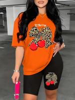 Conjunto Casual De Dos Piezas Para Mujer Con Estampado De Leopardo Y Cerezo Talla Grande Estilo Americano Ropa De Calle - details 3