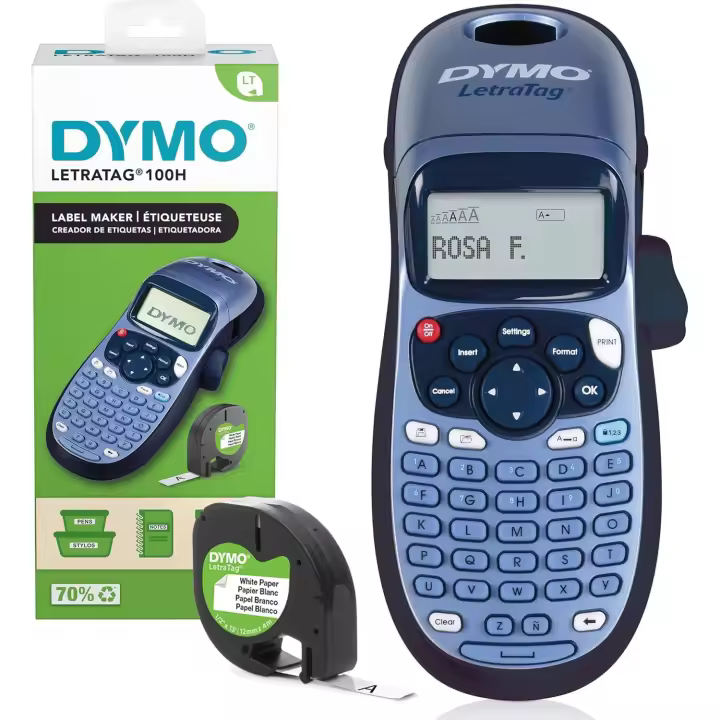 DYMO LetraTag LT-100H Rotuladora Etiquetadora, Impresora de Etiquetas Portátil | Teclado ABC / Pantalla LCD de 13 Caracteres | Perfecta para la Oficina o para el Hogar | Incluye 1 Cinta de Etiqueta de Papel Blanco - 1