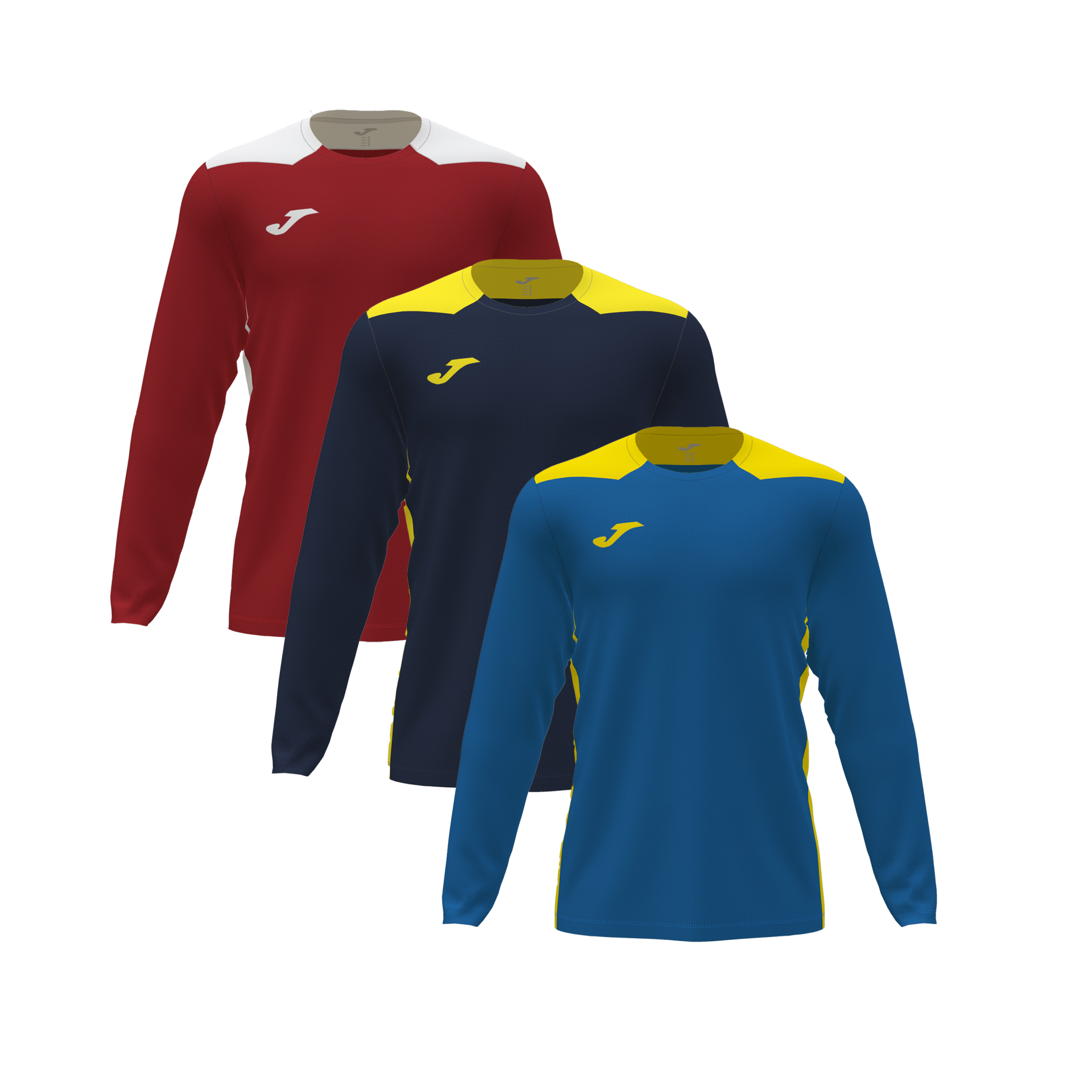 Pack de 3 Camisetas M/L Hombre Joma Championship VI 102520 Marino Amarillo Flúor, Rojo Blanco y Royal Amarillo Ligera
