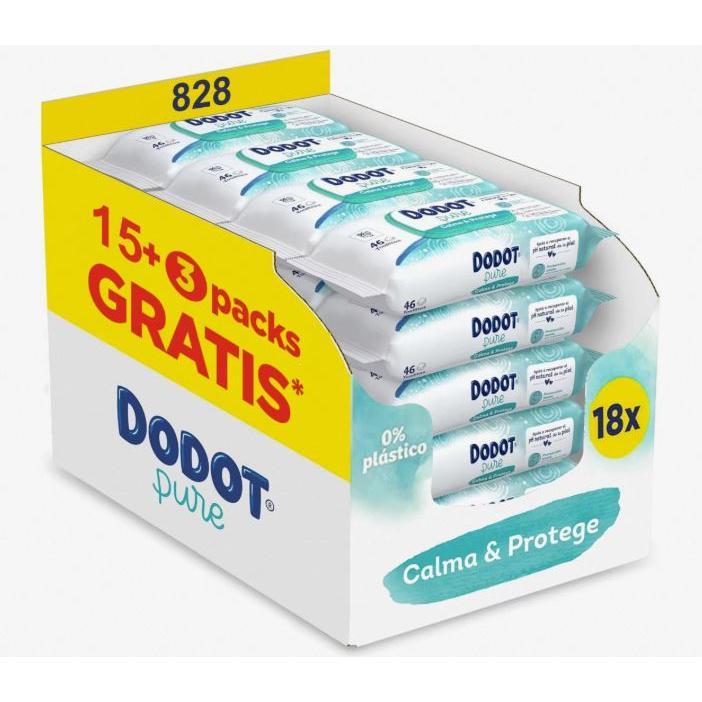 Dodot Toallitas Pure Calma & Protege Aloe Vera para Bebé 828 Toallitas (18 Paquetes de 46 Toallitas), Ayuda a restaurar el pH natural de la piel, una gota de Aloe Vera.