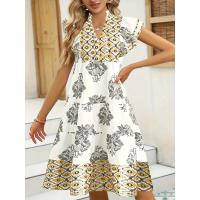 Vestido De Verano Para Mujer plus Talla Con Estampado Floral Elegante Cuello En V Manga Larga Sin Mangas A-Line Longitud De Rodilla - details 1