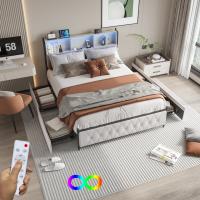 Cama tapizada de terciopelo beige 140x200 160x200 180x200 cm con cabecero de almacenamiento LED, puertos USB y Type-C, 4 cajones de gran capacidad, estructura metálica reforzada, sin colchón - details 1