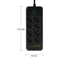 Regleta de Enchufes Múltiple con 8 Tomas Schuko, 4 Puertos USB y 2 USB Tipo C, Potencia Máxima 2500W (110–240V), Cable de 2 Metros, Interruptor General con Luz, Protección contra Sobrecargas para Hogar y Oficina - details 1